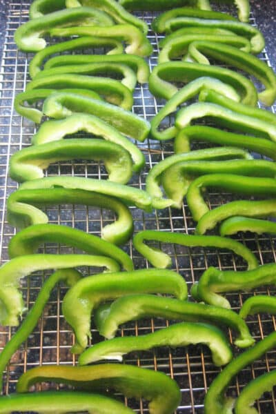 strips of green pepper on cooling rack