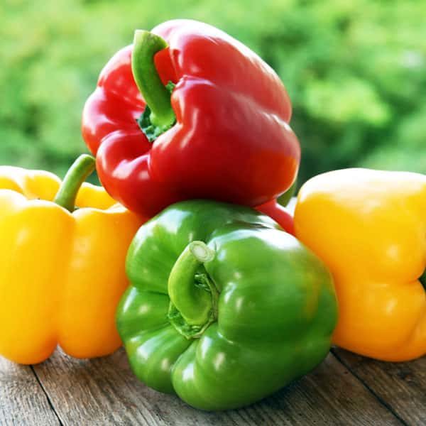 red, yellow, green bell pepper on wood table