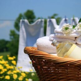 wicker basket of clean linen in front of a clothesline