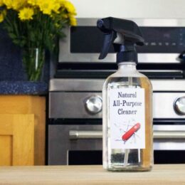 clear glass bottle of cleaner in front of metal stove
