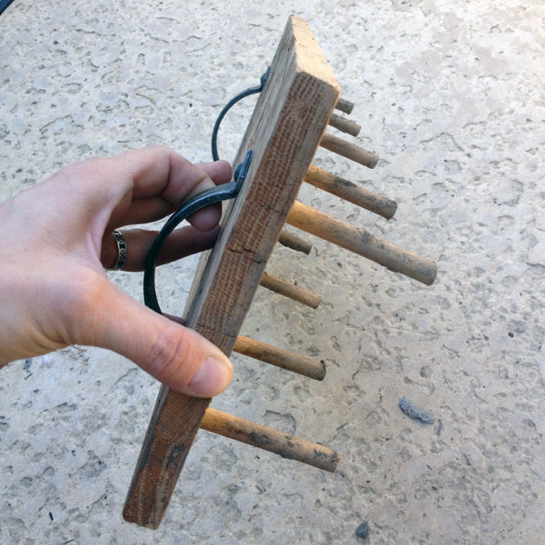 hand holding wooden garlic planting tool