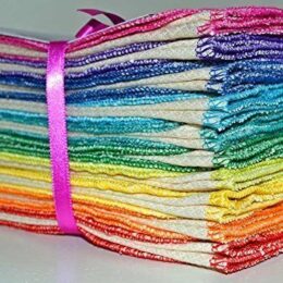 stack of folded thin towels edged in rainbow colors