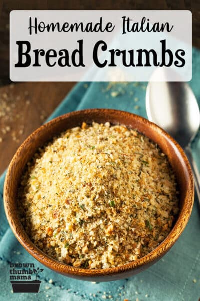 bowl of breadcrumbs on aqua napkin