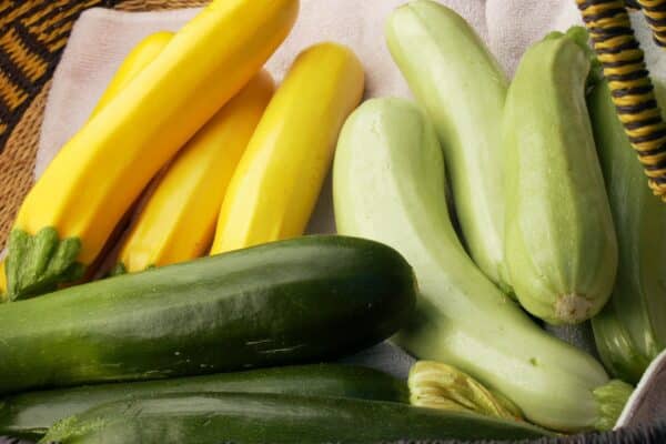 yellow, light green, dark green zucchini in basket