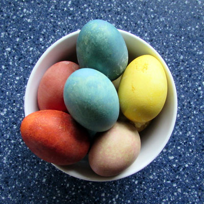 bowl of naturally dyed easter eggs