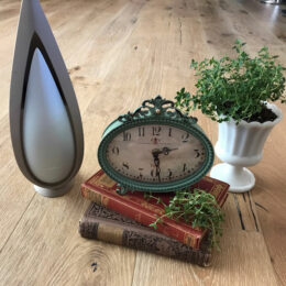 essential oil diffuser, antique clock and books with thyme plant