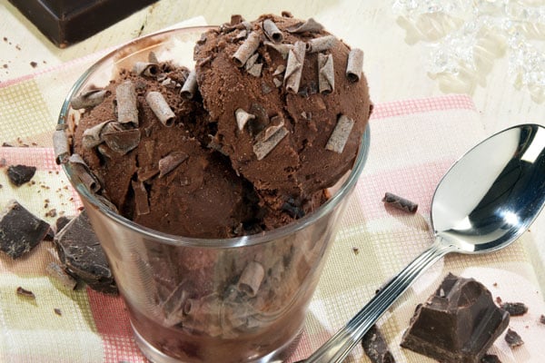 chocolate fudge ice cream in glass on table