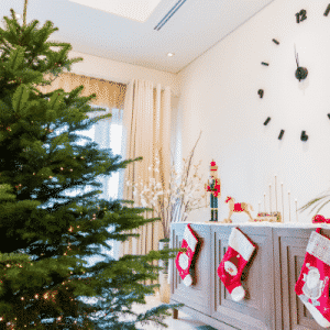 fresh christmas tree in living room