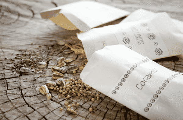 seed packets on wood stump