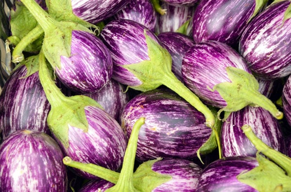 pile of white and purple striped eggplant