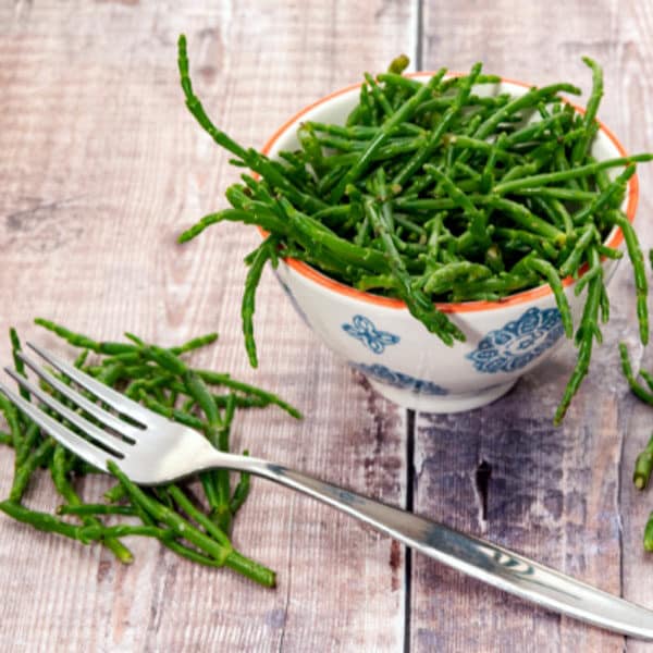 cooked glasswort in a bowl
