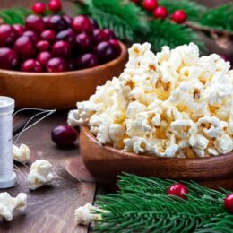 bowl of cranberries, popcorn, and thread