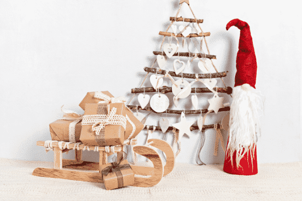 natural sled, christmas tree, santa doll